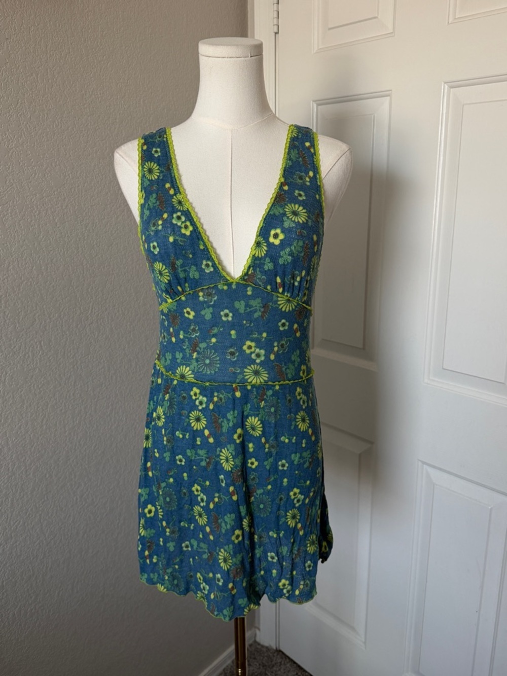 Free People Teal and Lime Floral V-Neck Tank Romper